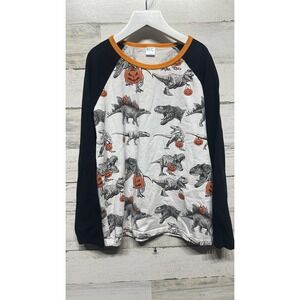 High Five Crew Halloween Dinosaur Shirt Boys 8 White Black Raglan EUC